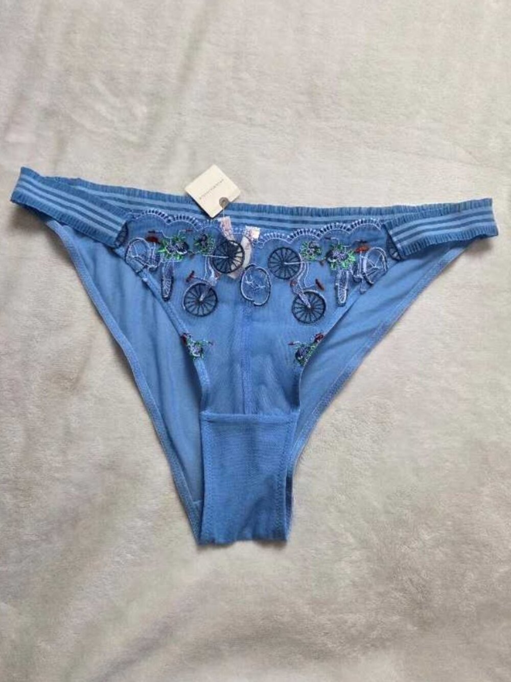 New XL Anthropologie LyreBird embroidered bicycles sheer mesh panty in blue bike